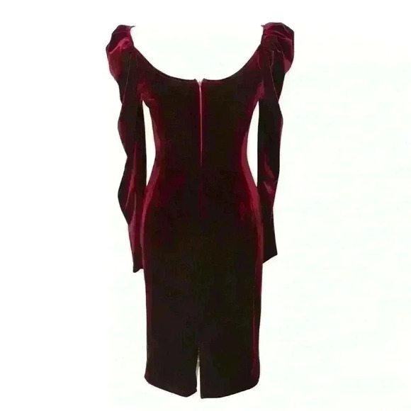 Gabriella Velvet Burgundy Midi Dress with Puff Sleeves - Picture 2 of 2